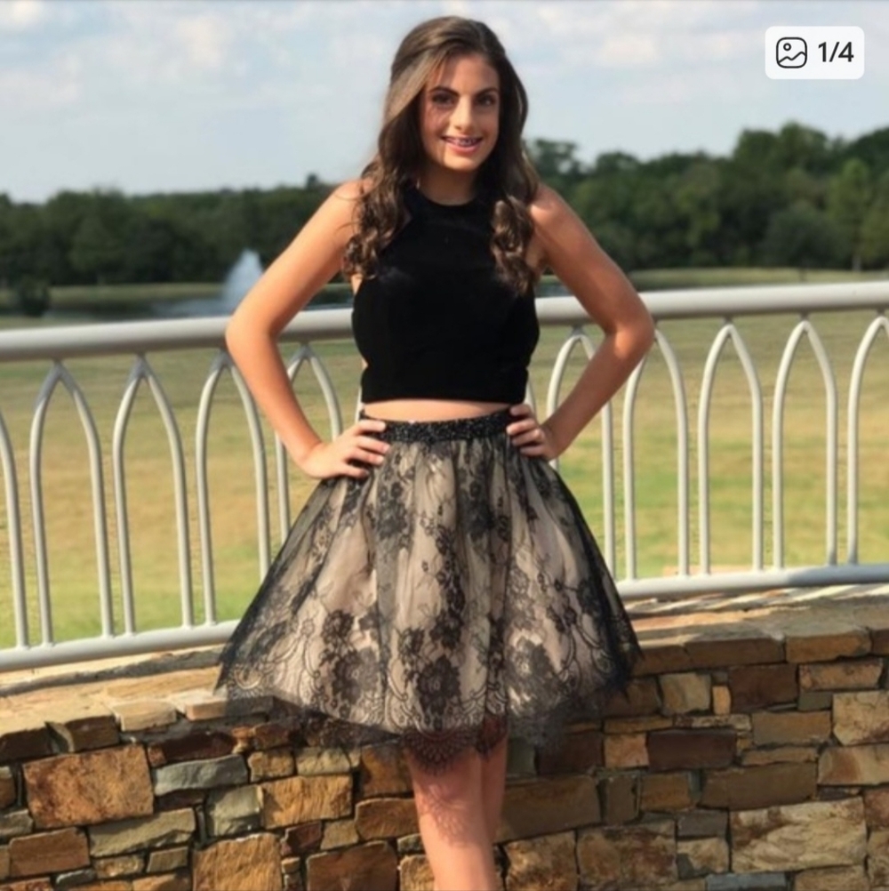 Alyce Paris 2 piece Lace Velvet Black Homecoming Dress Short Formal - Picture 4 of 12